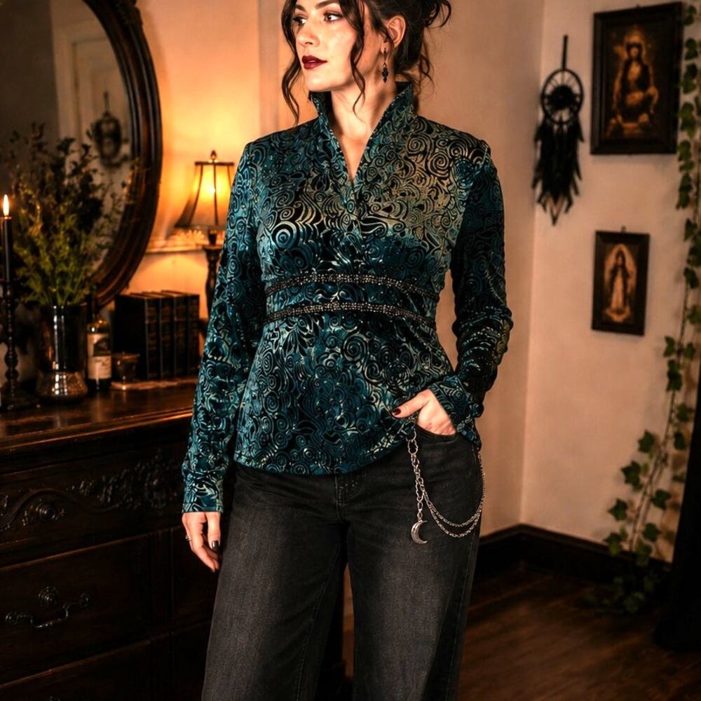 Whimsigoth Velvet Burnout Top Teal Black Beaded Empire Waist L Witchy Goth